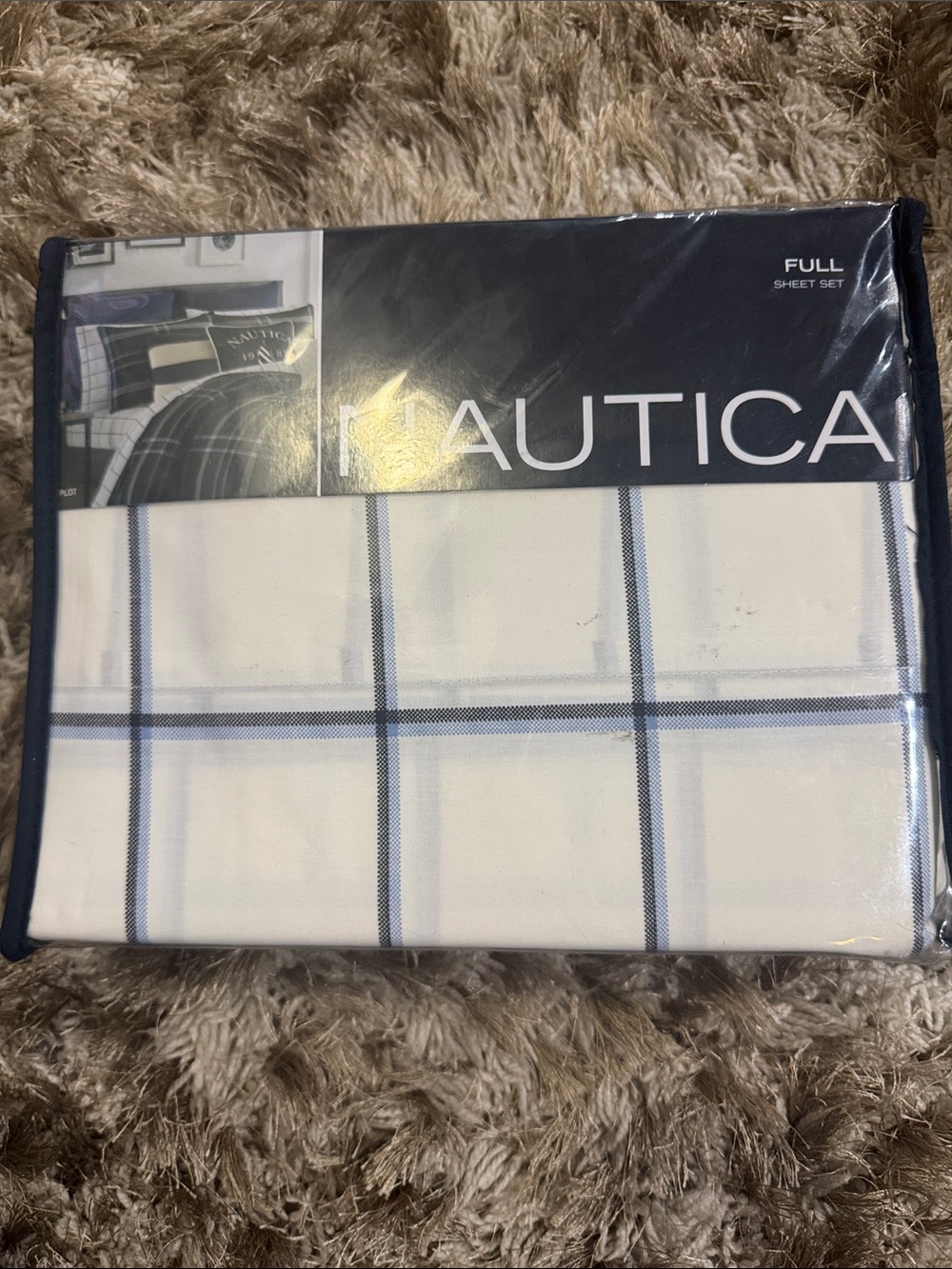Nautica Full Sheet Set — White with Navy and Light Blue Plaid